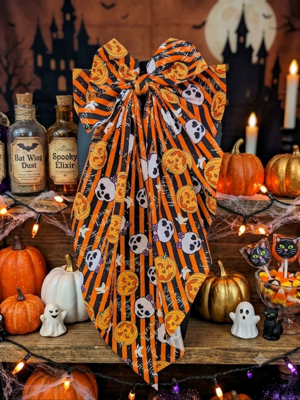 Halloween Pumpkin & Skull Long Tailed Hairbow